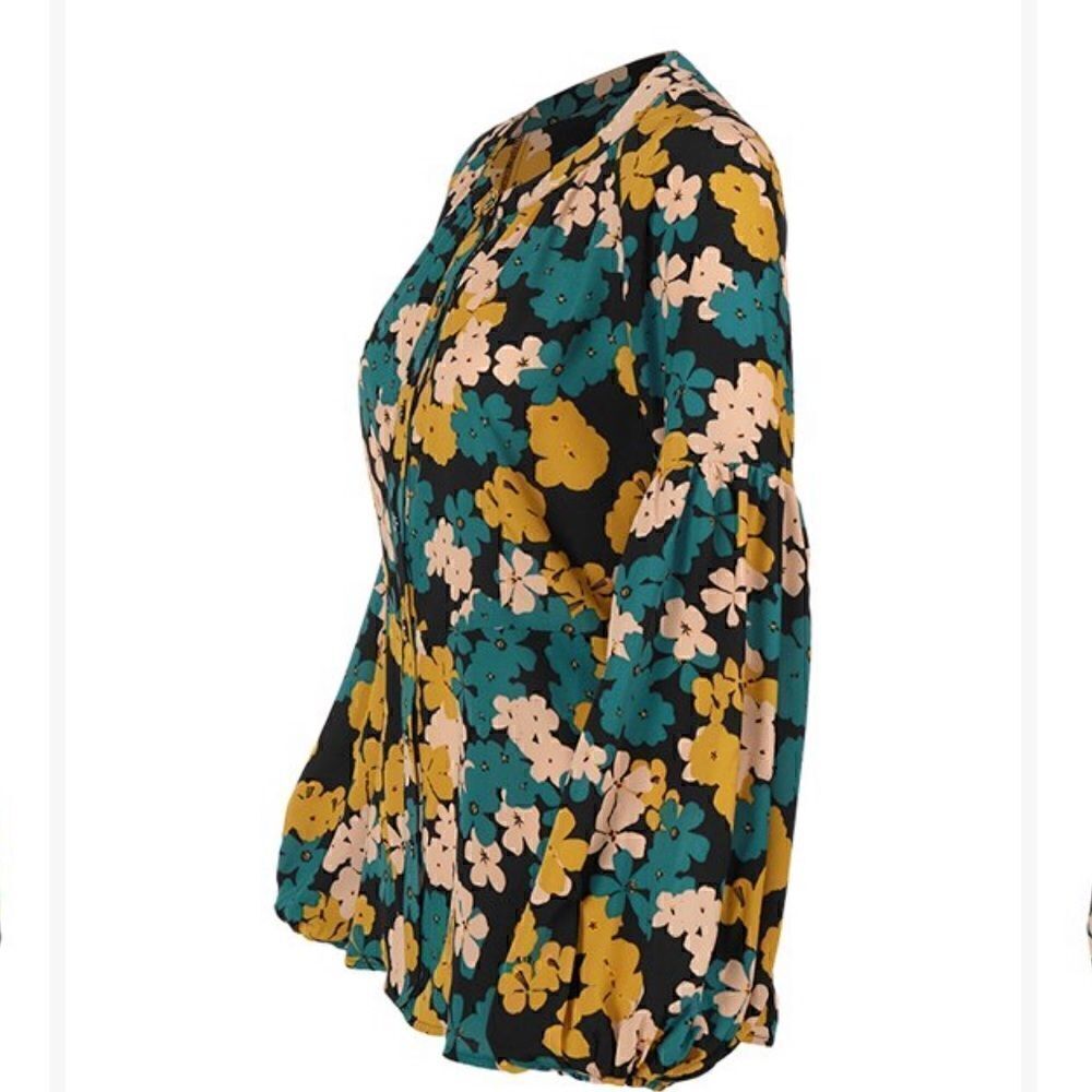 CAbi Teal and Mustard Flower Drop Favorite Bishop Sleeve Blouse NWOT sz Large - Picture 3 of 10